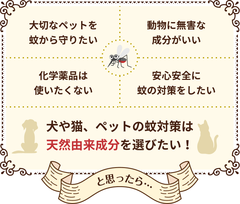 「大切なペットを蚊から守りたい」「動物に無害な成分がいい」「化学薬品は使いたくない」「安心安全に蚊の対策をしたい。」「犬や猫、ペットの蚊対策は天然由来成分を選びたい！」と思ったら…
